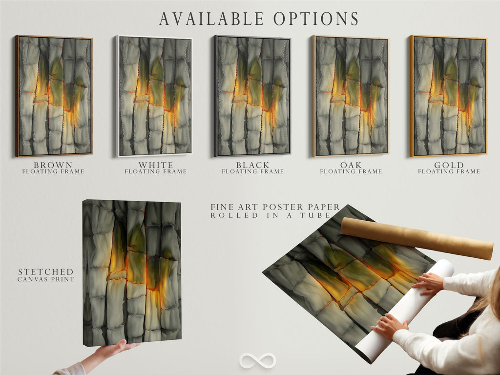 Available options for art prints are showcased. These include stretched canvas prints. Fine art poster paper is available too. Floating frames enhance the display choices. Choose the perfect option to suit your style.