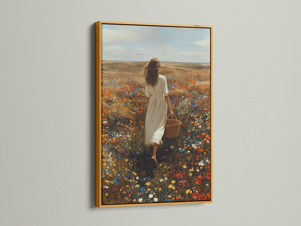 Gold frame artwork displayed in a well-lit room. The art captures a woman walking through a field of flowers. The golden frame adds a touch of luxury. It enhances the artwork's elegance. Find the perfect frame to showcase your art. Elevate your space with stunning framed artwork.