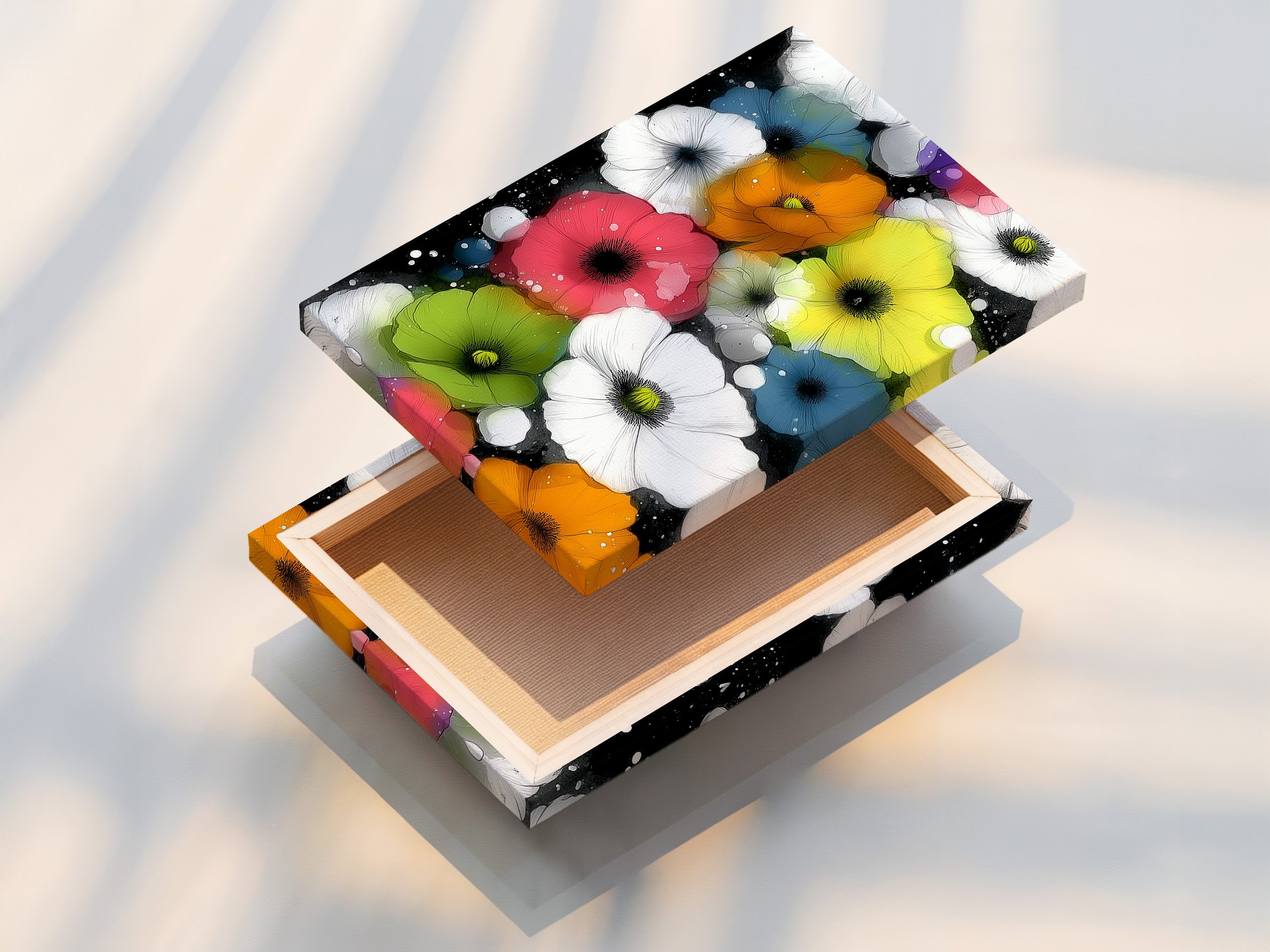 This is a stretched canvas print featuring a Colorful Poppies artwork. The stretched canvas print is ready to hang. It brings vibrant flowers art to your living space. Ideal for modern botanical art lovers. Enhance your bedroom wall decor with this floral canvas print.