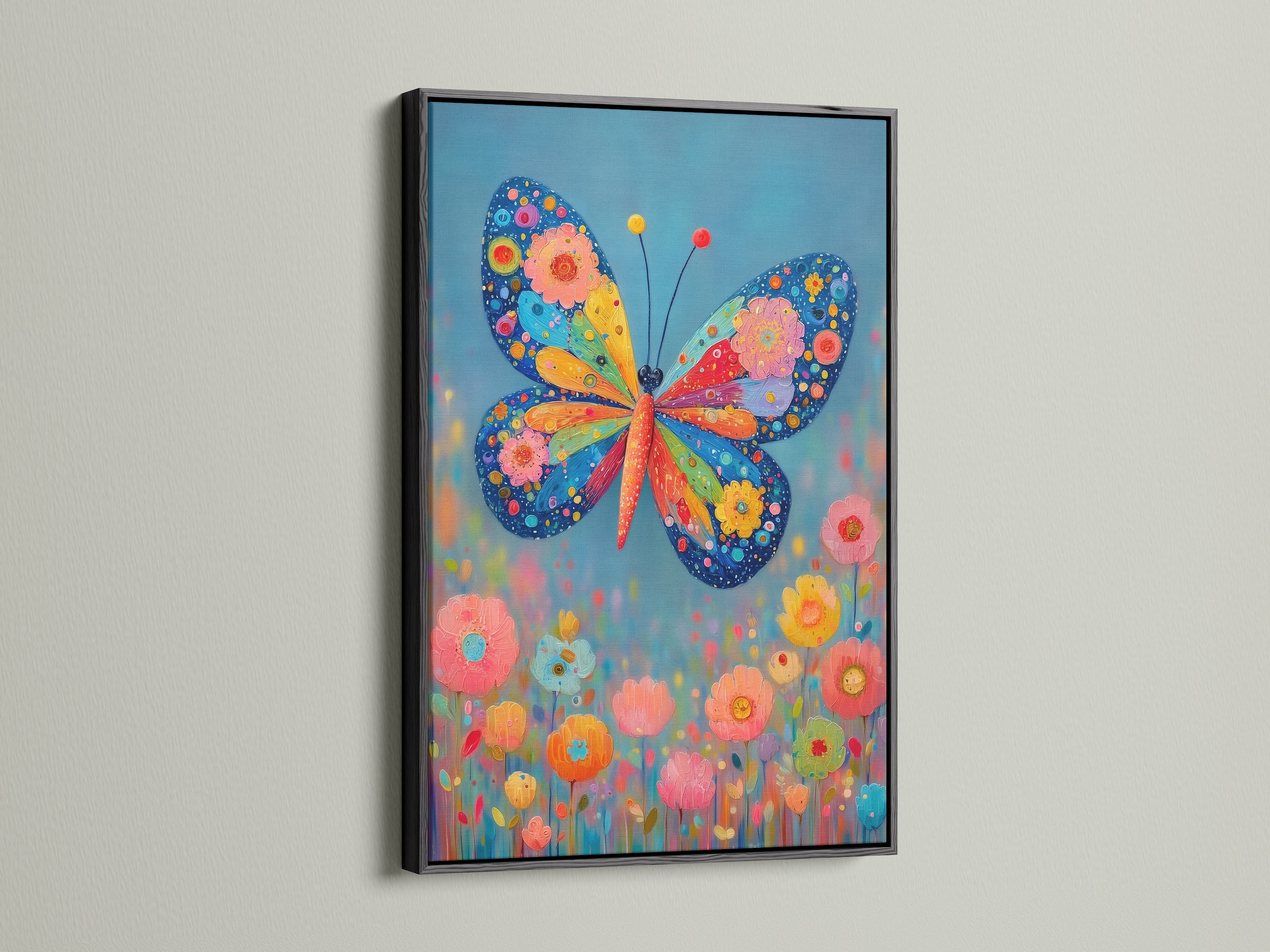 A black frame surrounds a vibrant butterfly art print. The artwork showcases a whimsical insect theme with colorful floral accents. The contrast of the black frame makes the colors pop. It's a great choice for adding character to any room with a Bohemian touch.