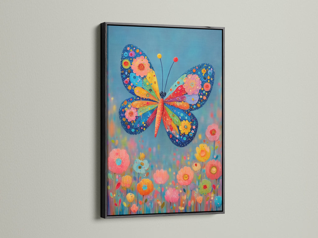 The black frame provides a sleek contrast to the whimsical butterfly art. This insect print adds a modern touch to any wall. The flower artwork is a great choice for living rooms or office wall decor. It is a unique piece.