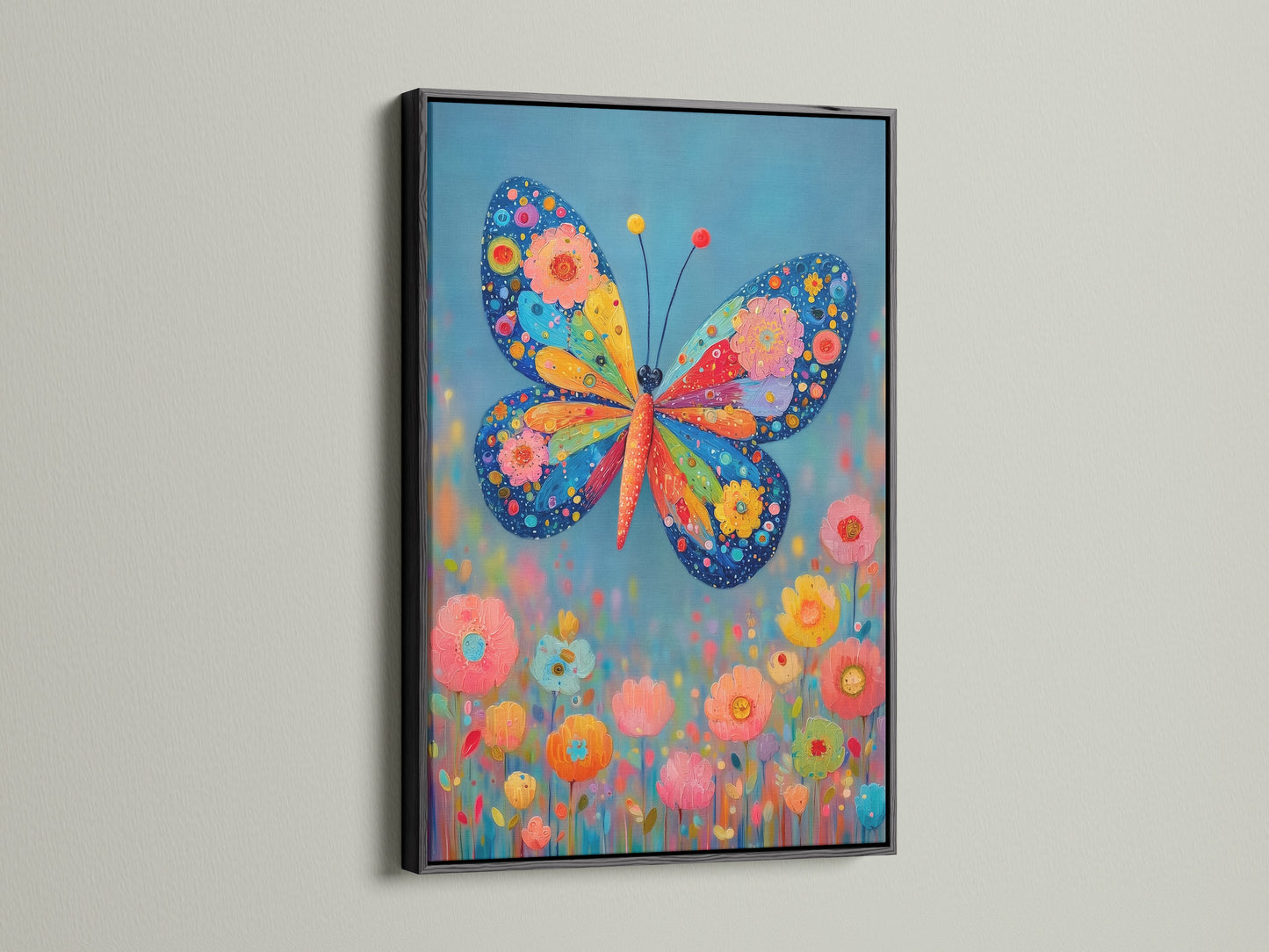 The black frame provides a sleek contrast to the whimsical butterfly art. This insect print adds a modern touch to any wall. The flower artwork is a great choice for living rooms or office wall decor. It is a unique piece.