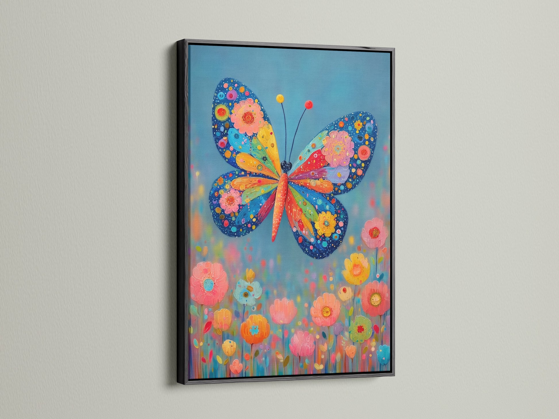 The black frame provides a sleek contrast to the whimsical butterfly art. This insect print adds a modern touch to any wall. The flower artwork is a great choice for living rooms or office wall decor. It is a unique piece.