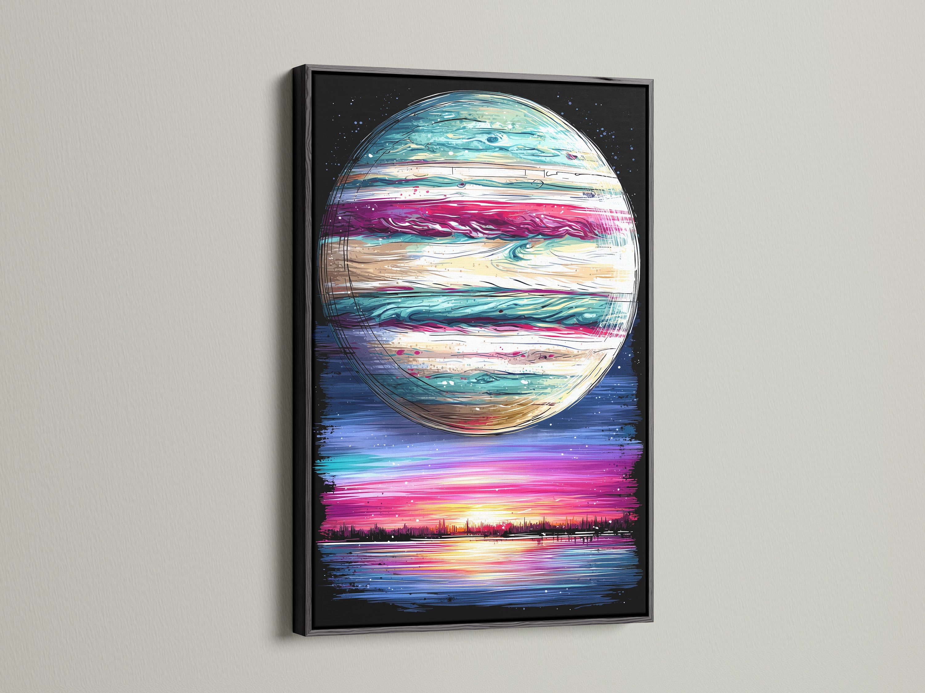 Stunning planetary artwork showcased in a black frame. A modern art print that complements minimalist styles. This galaxy wall art is perfect for studios and boardrooms. Shop our cosmic wall art today.