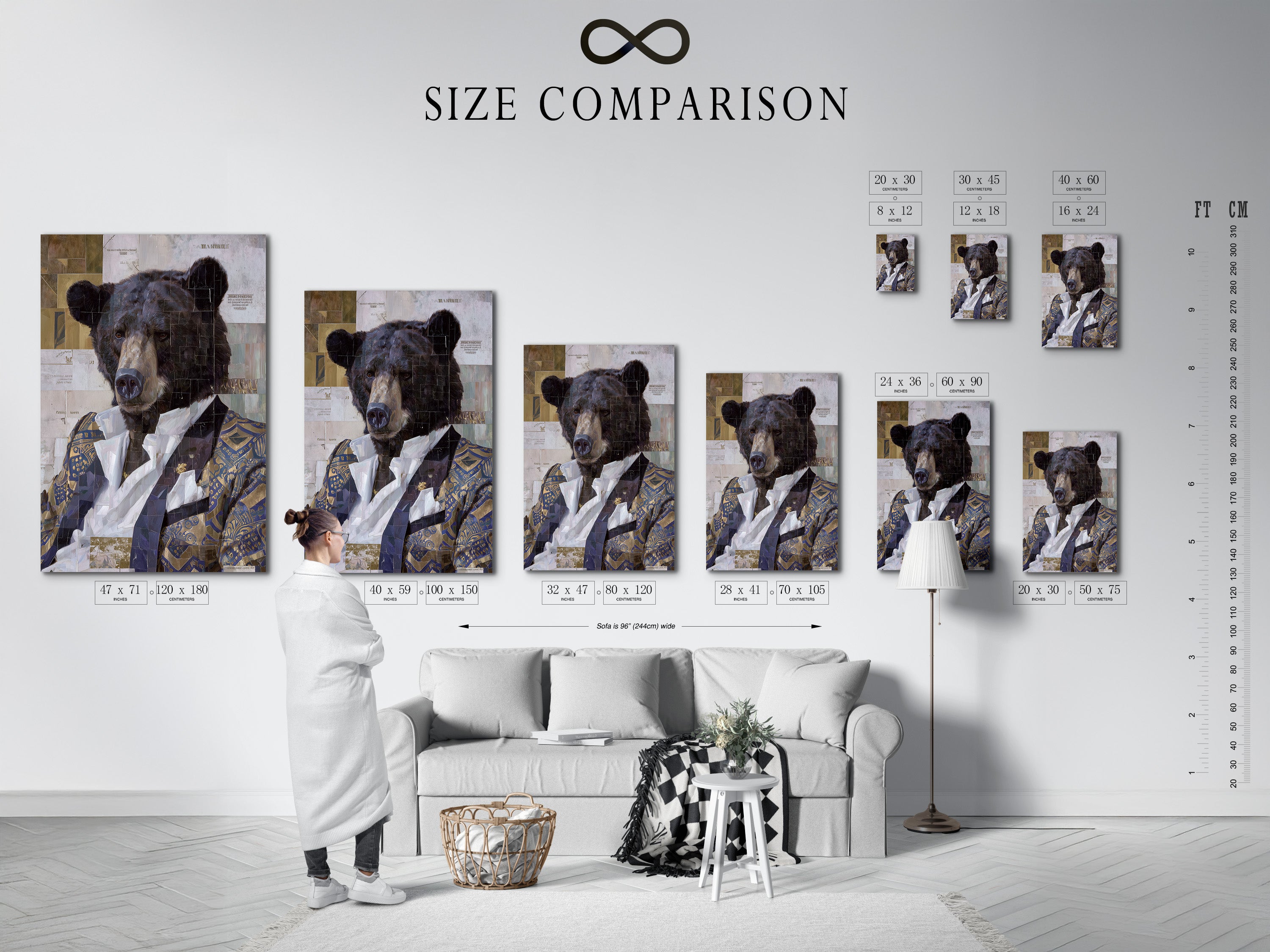 Size comparison chart displayed in an interior setting. The chart helps visualize the vintage collage bear portrait art in various dimensions.  Perfect for homeowners renters and interior designers.  Find the ideal fit for your space in study rooms libraries or offices.