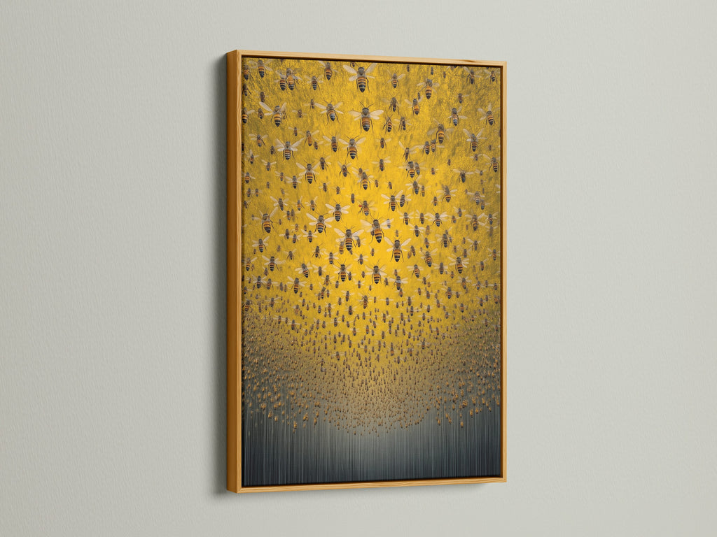 Visualize the Honey Bee art print in a gold frame. This luxurious frame adds a touch of elegance to the insect canvas. It enhances the golden artwork's appeal. It is perfect for creating a statement in living rooms or lobbies. This suits eclectic and contemporary styles.