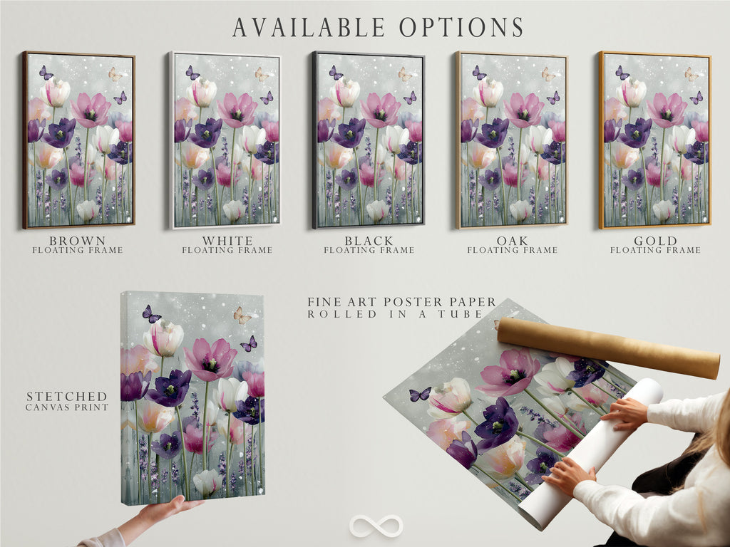 Available options are showcased including a stretched canvas print. Fine art poster paper is also available. A floating frame completes the presentation. Customize your art to match your style. Explore all possibilities today.