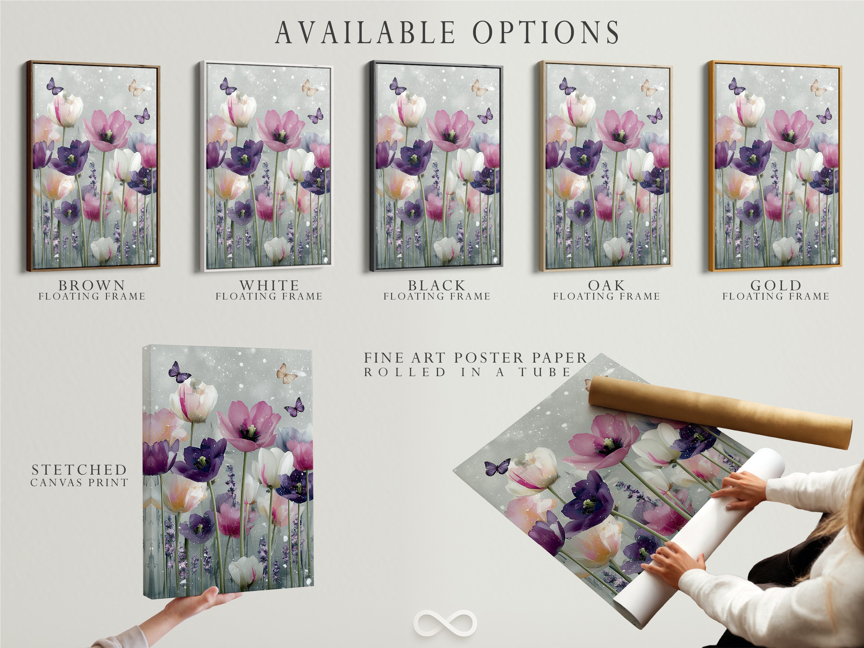 Available options are showcased including a stretched canvas print. Fine art poster paper is also available. A floating frame completes the presentation. Customize your art to match your style. Explore all possibilities today.