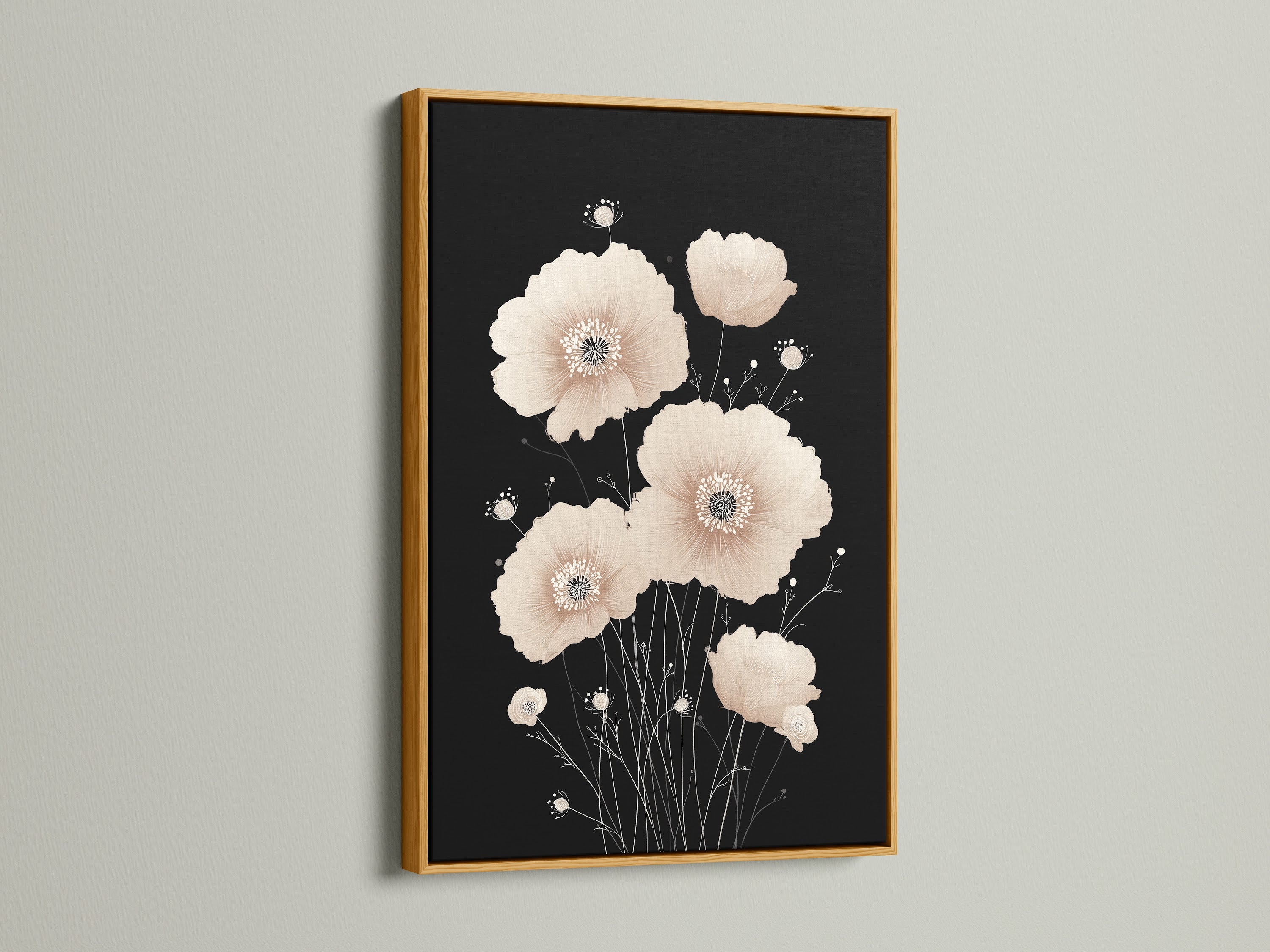 Beige Poppy Flower Artwork in a Gold Frame. The gold frame adds a luxurious touch to this minimalist botanical art piece. This floral canvas print enhances your bedroom wall decor with a subtle hint of glamour. Ideal for creating a refined and relaxing ambiance.