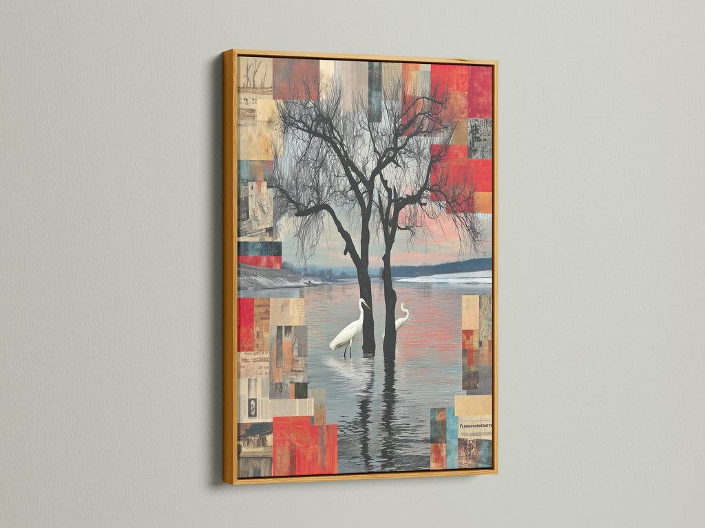 Crane Bird Abstract Lake Art in a gold frame. This elegant artwork adds a touch of sophistication to any room. The gold frame complements its serene and calming elements. A perfect addition to modern art collections.