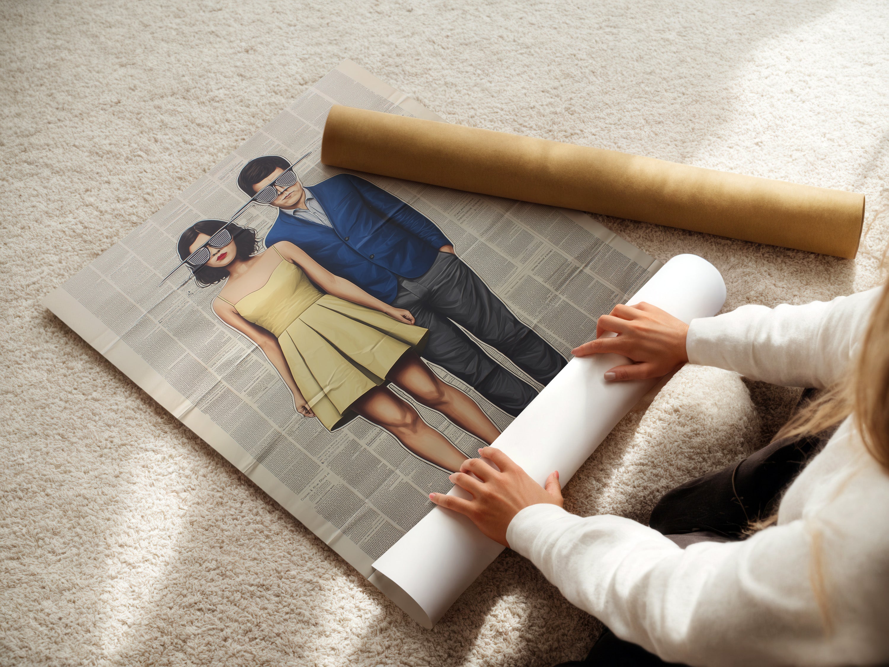 A woman is carefully rolling a fine art poster paper. This high-quality paper ensures your retro pop art prints look their best. Perfect for creating stunning vintage wall decor and gallery wall prints.