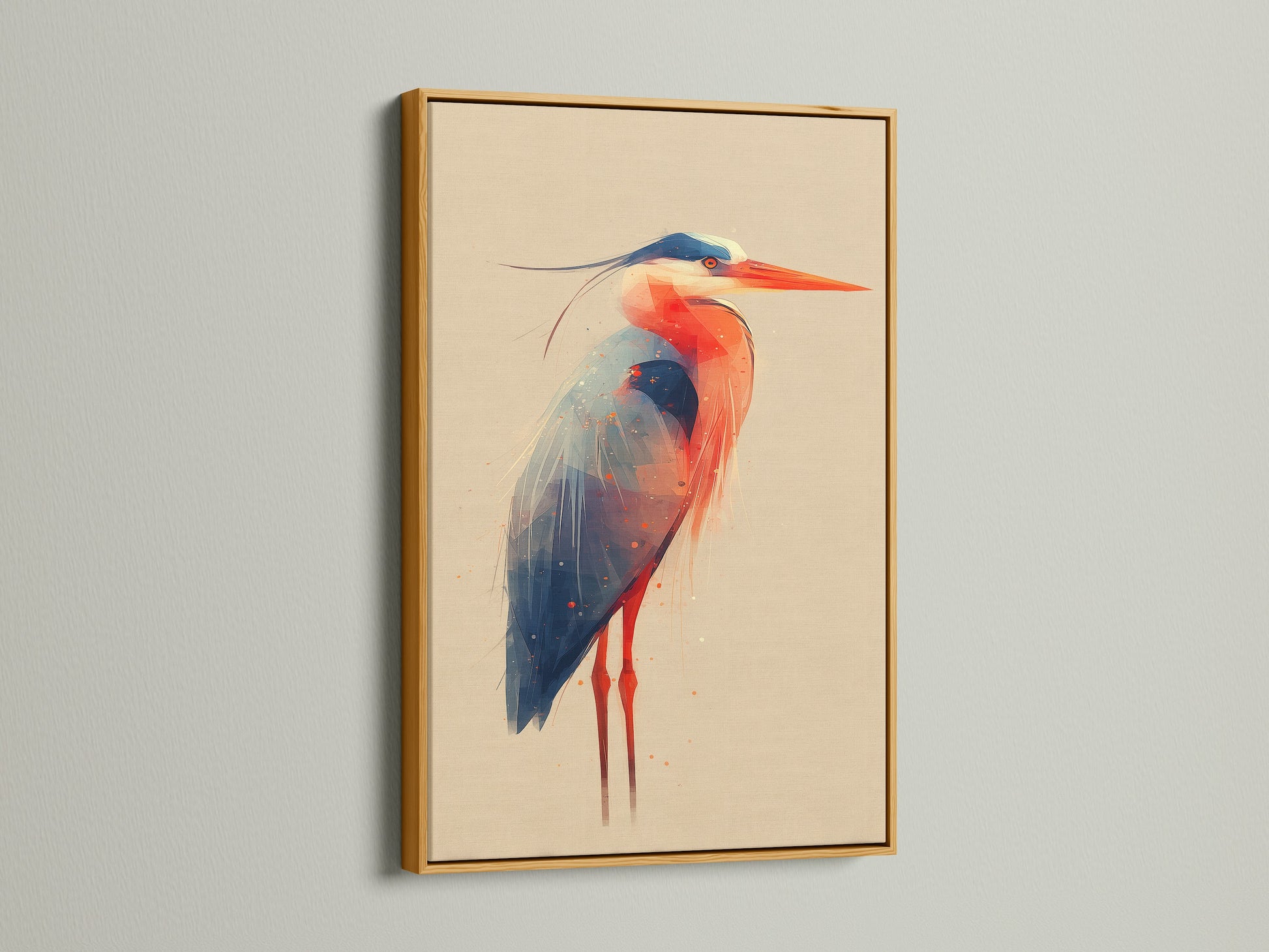 A gold frame adds a touch of elegance to the heron artwork. This bird canvas print shines in a luxurious gold frame. Stagers use this coastal wall art to impress. This frame enhances the beauty of modern nature art. The gold frame is perfect for eclectic styles.
