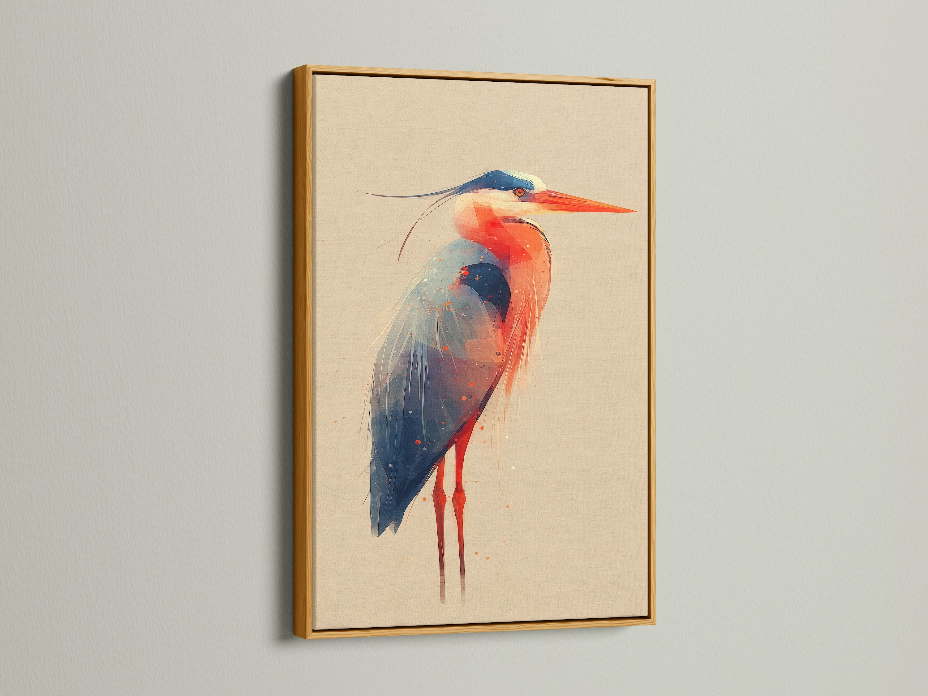A gold frame adds a touch of elegance to the heron artwork. This bird canvas print shines in a luxurious gold frame. Stagers use this coastal wall art to impress. This frame enhances the beauty of modern nature art. The gold frame is perfect for eclectic styles.