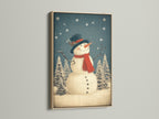 The snowman artwork is framed in oak. This winter canvas print brings a rustic Christmas feel. Perfect as holiday wall art or vintage Christmas decoration. It enhances farmhouse Christmas decor.