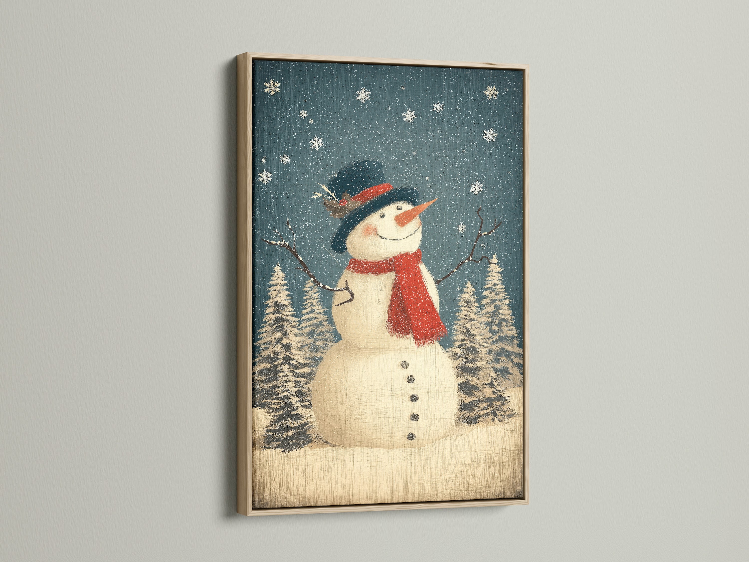 The snowman artwork is framed in oak. This winter canvas print brings a rustic Christmas feel. Perfect as holiday wall art or vintage Christmas decoration. It enhances farmhouse Christmas decor.