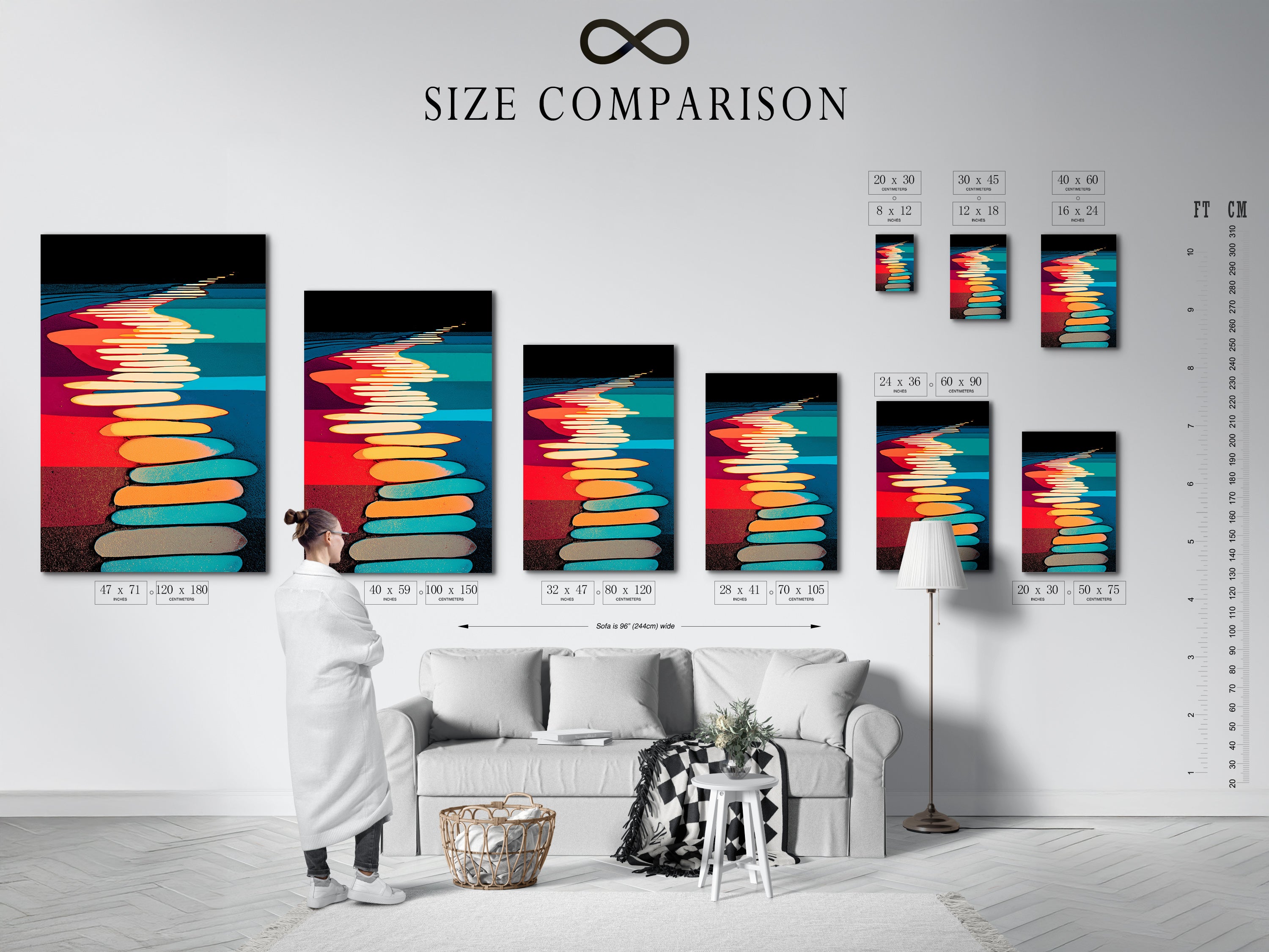 A size comparison chart in an interior setting. See how our abstract pathway artwork fits in your space. This modern canvas art comes in various sizes. Geometric print adds a vibrant touch. Perfect for home wall decor. Explore our abstract artwork and geometric prints.