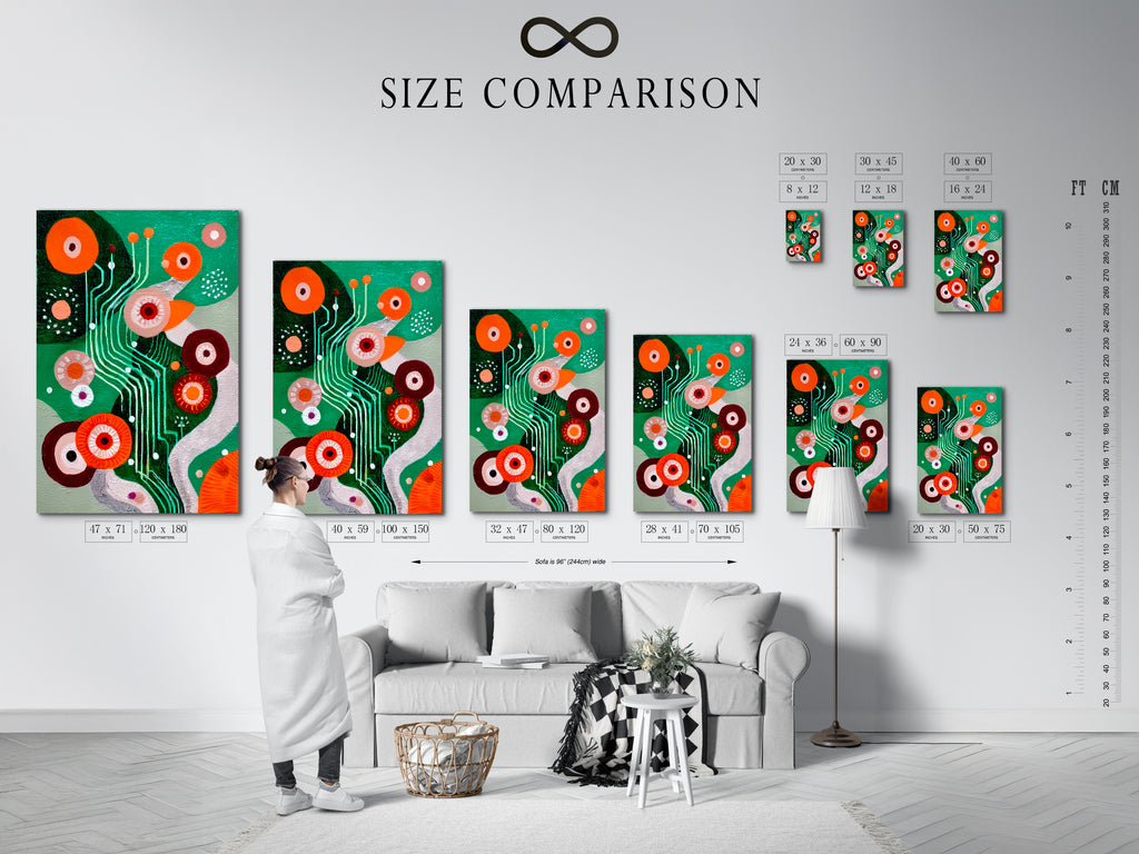 A size comparison chart is displayed in an interior setting. The chart helps visualize modern abstract art dimensions. Featuring retro geometric designs and colorful mid-century prints. This artwork is perfect for planning office decor. Ideal for contemporary art.