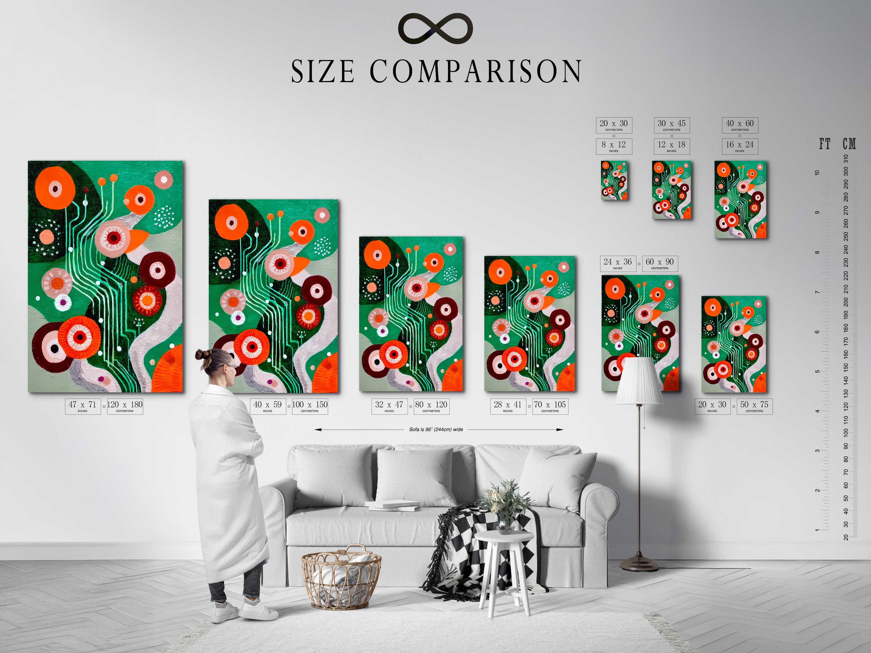 A size comparison chart is displayed in an interior setting. The chart helps visualize modern abstract art dimensions. Featuring retro geometric designs and colorful mid-century prints. This artwork is perfect for planning office decor. Ideal for contemporary art.