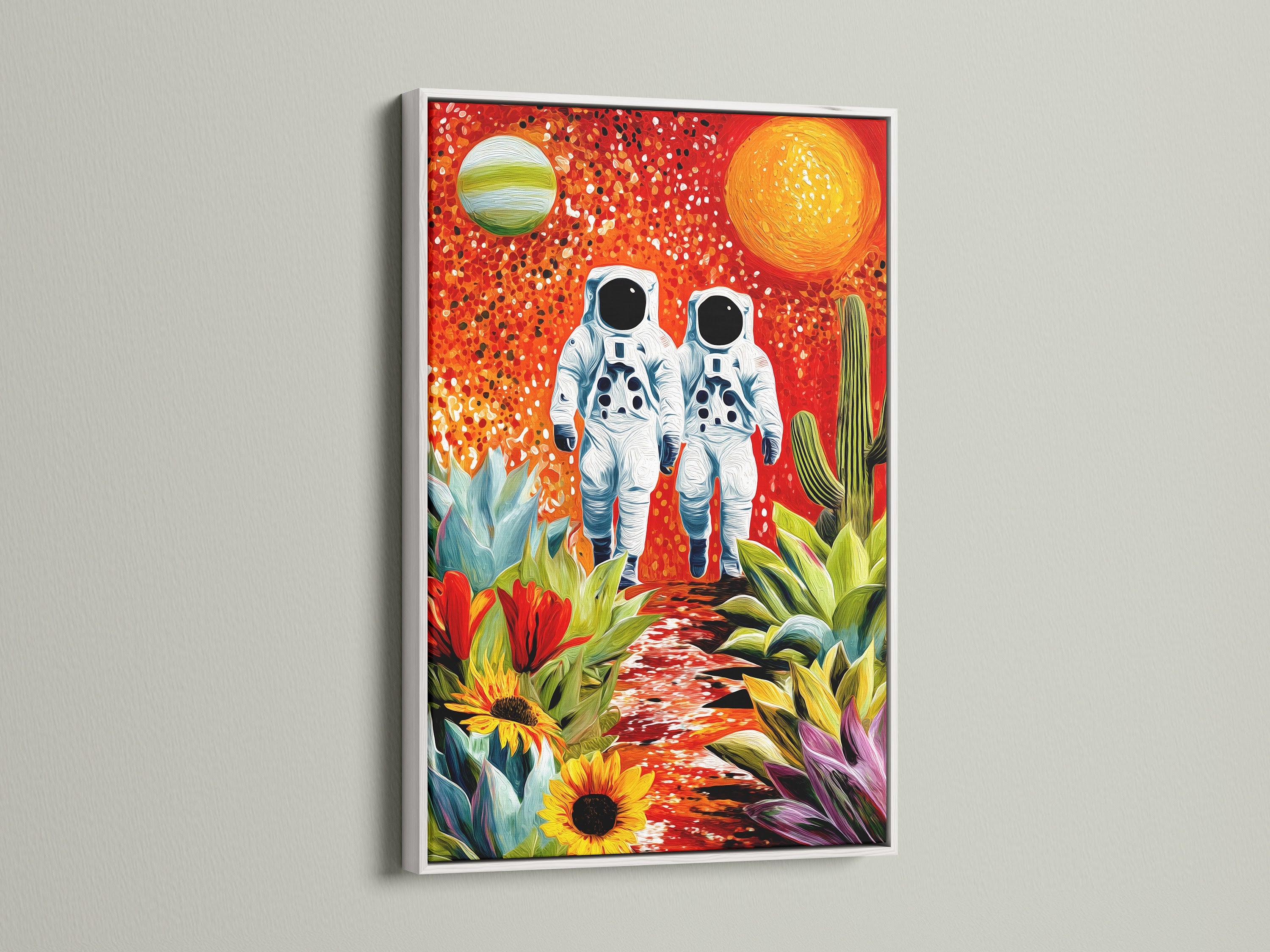 Astronauts artwork is showcased in a clean white frame. The artwork features a sci-fi landscape with astronauts and desert plants. Ideal for modern interiors. Add a touch of celestial art to your home or office.