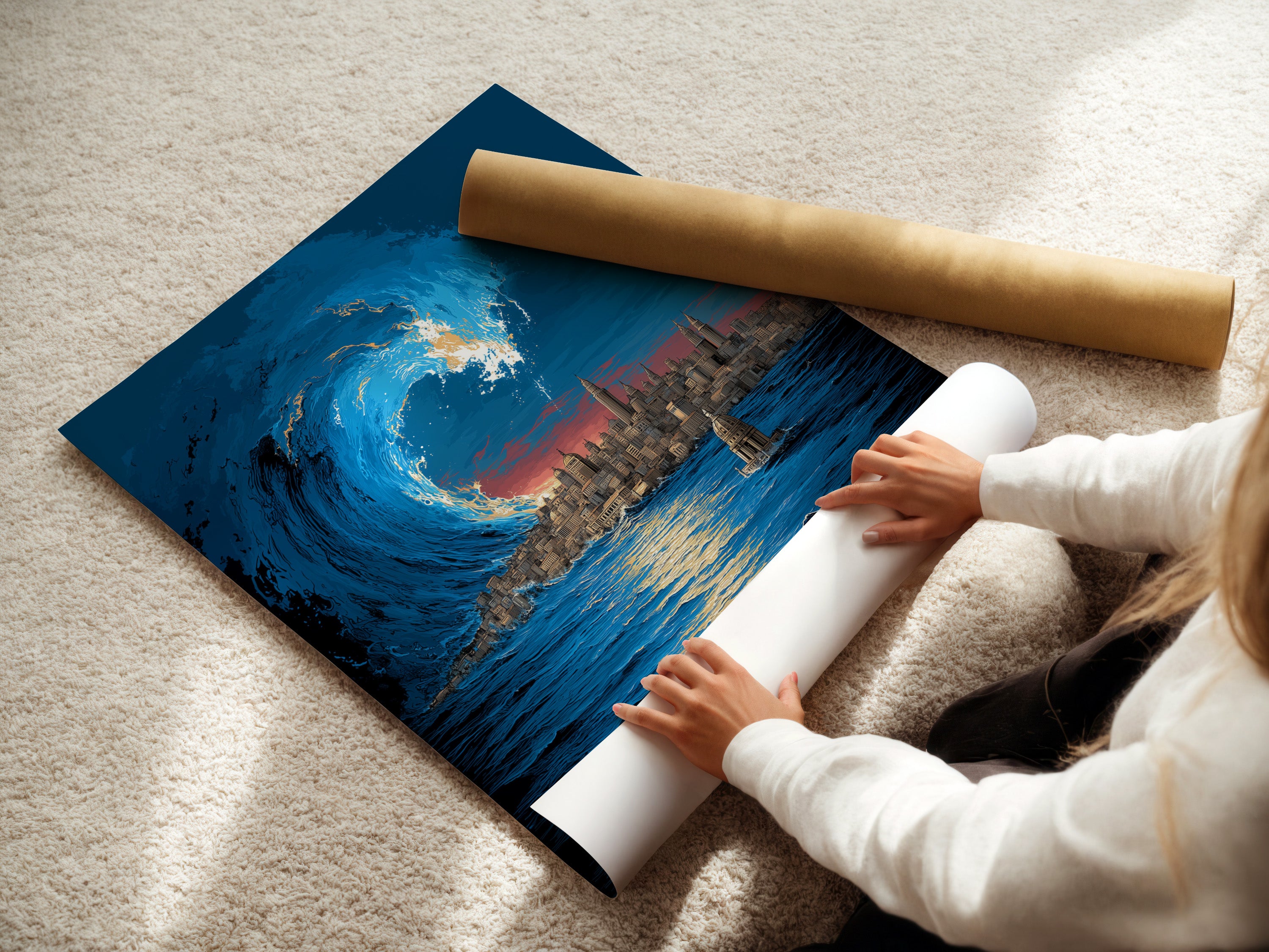 A woman carefully rolls a fine art poster paper print. The print likely features an ocean wave artwork or a similar dramatic seascape. This highlights the care in handling delicate art prints. It shows the attention to detail in delivering high-quality wall art.