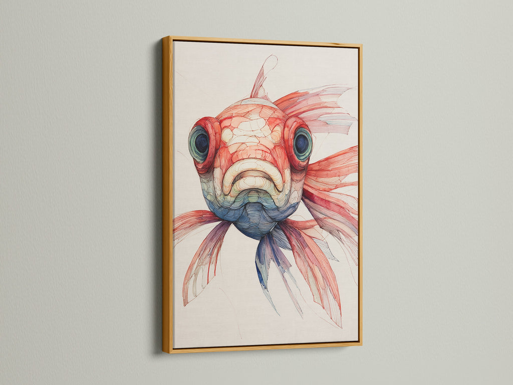 An elegant fish artwork is showcased in a gold frame. The gold frame adds a touch of luxury and sophistication. It enhances the artwork's richness. The gold frame brings a glamorous accent. It makes it a stunning addition to your art collection.