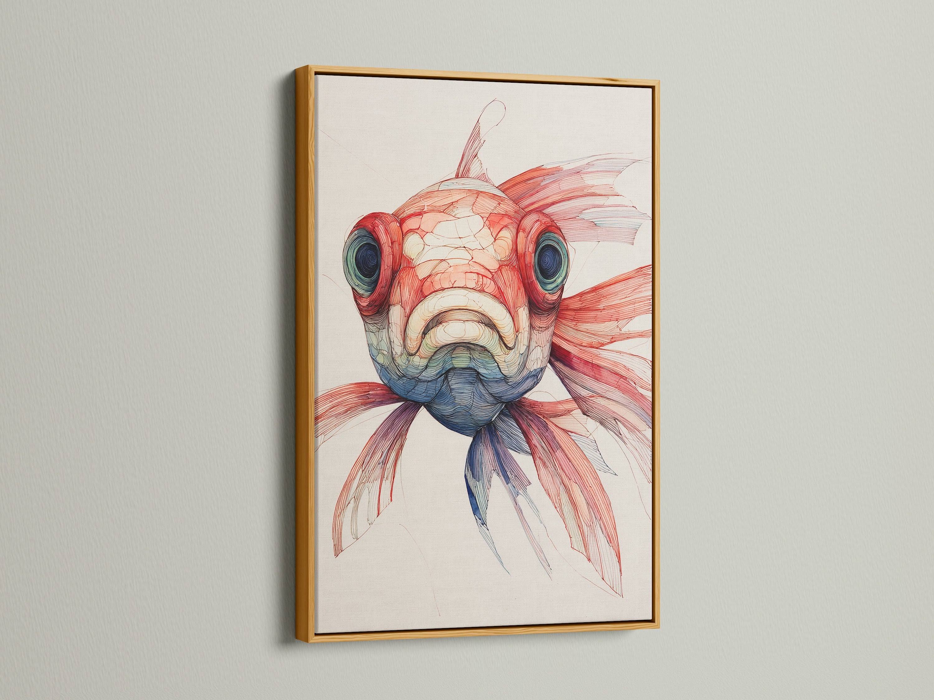 An elegant fish artwork is showcased in a gold frame. The gold frame adds a touch of luxury and sophistication. It enhances the artwork's richness. The gold frame brings a glamorous accent. It makes it a stunning addition to your art collection.