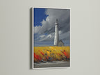 Lighthouse coastal artwork with a white frame. This seascape artwork is ideal for creating a serene atmosphere.  Great for living room wall art or bedroom wall decor. The artwork features a lighthouse in a field of yellow and red. A bicycle is parked nearby. The sky is a mix of blue and grey.