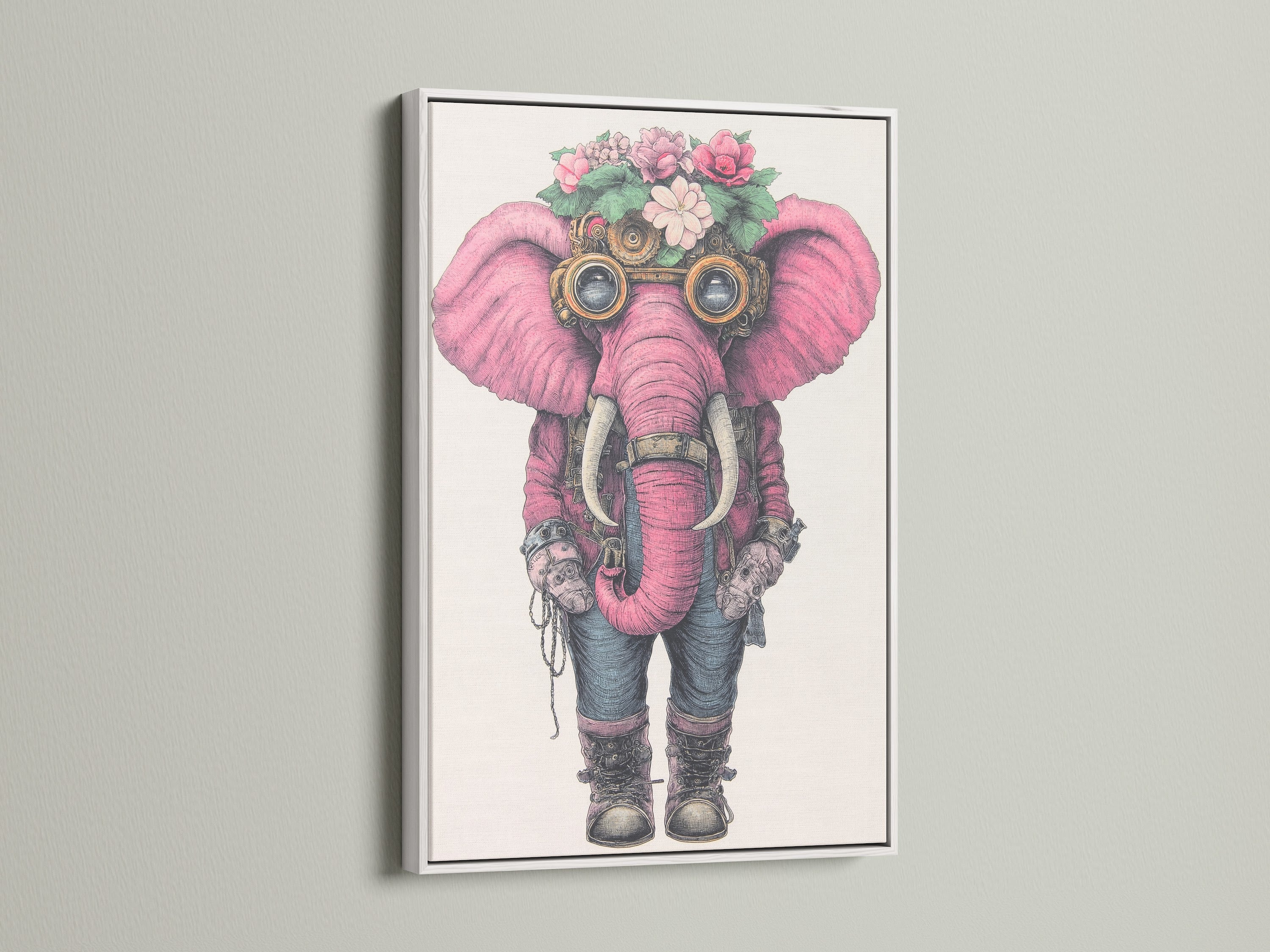 A white frame enhances the charm of a steampunk elephant artwork. The pink elephant is adorned with flowers and steampunk goggles creating a unique visual appeal. This fantasy animal art is perfect for adding a playful touch to kids' rooms.