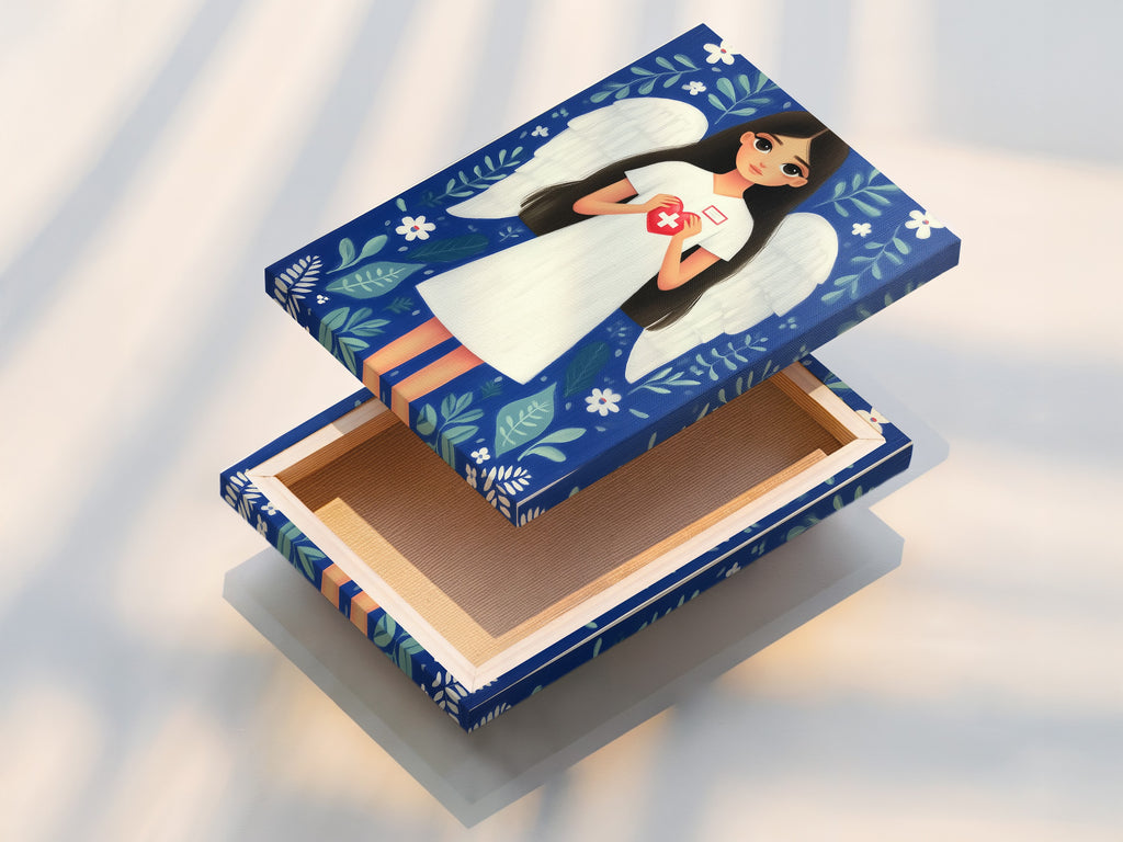 A stretched canvas print of the Nurse Angel artwork is displayed. The artwork features a nurse with angel wings holding a heart with a medical cross. The stretched canvas provides a gallery-ready look. Perfect for adding inspiration and appreciation to any medical environment.
