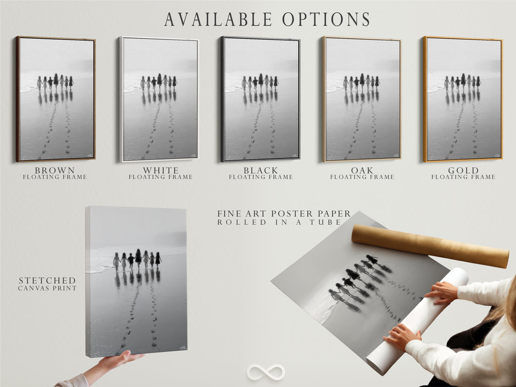 Explore available options for Beach Walk art print. Choose between a stretched canvas print fine art poster paper or floating frame. Black and white seascape photography for nursery decor family photos and minimalist art.