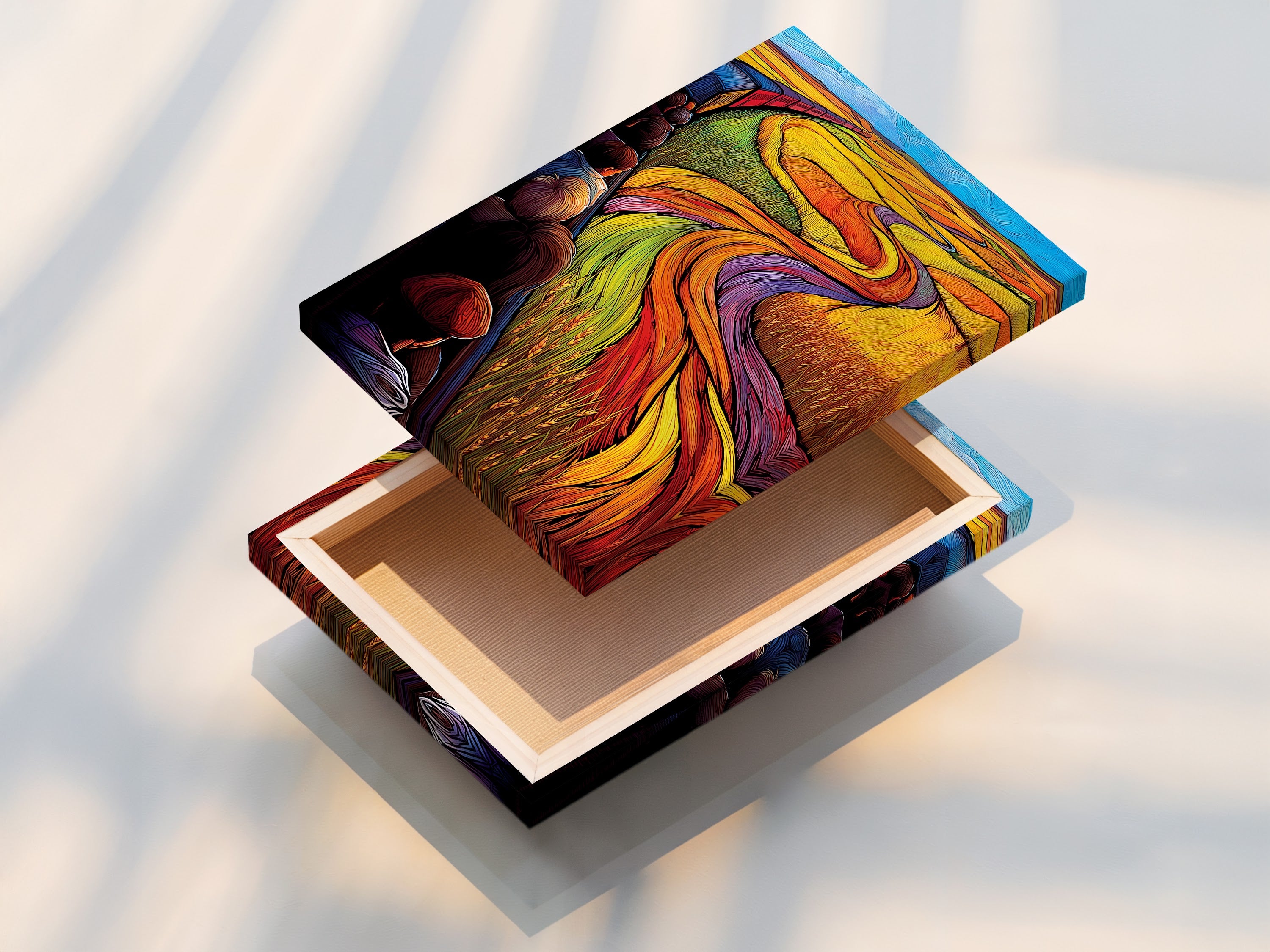 Stretched canvas print displaying 'Train Journey' artwork with vibrant colors. The stretched canvas print offers a ready-to-hang solution for your wall decor. This modern artwork adds a contemporary touch to any living room bedroom or office. The colorful landscape and train theme bring a unique aesthetic. Enjoy this journey print.