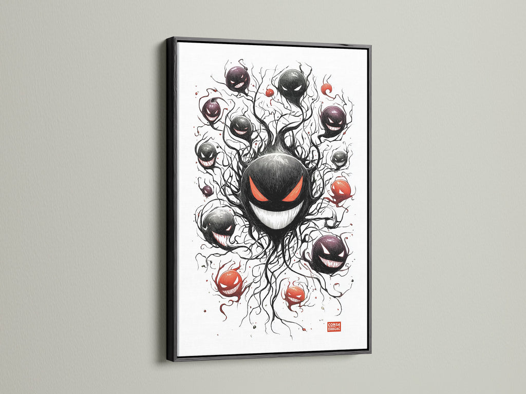 A black frame provides a bold contemporary display option. It is a classic choice for the ghostly haunter artwork. Black frames enhance spooky anime and gamer wall decor. Consider this for your monster art or Halloween decor.