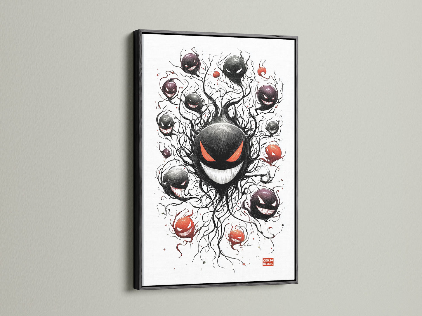 A black frame provides a bold contemporary display option. It is a classic choice for the ghostly haunter artwork. Black frames enhance spooky anime and gamer wall decor. Consider this for your monster art or Halloween decor.