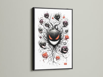 A black frame provides a bold contemporary display option. It is a classic choice for the ghostly haunter artwork. Black frames enhance spooky anime and gamer wall decor. Consider this for your monster art or Halloween decor.