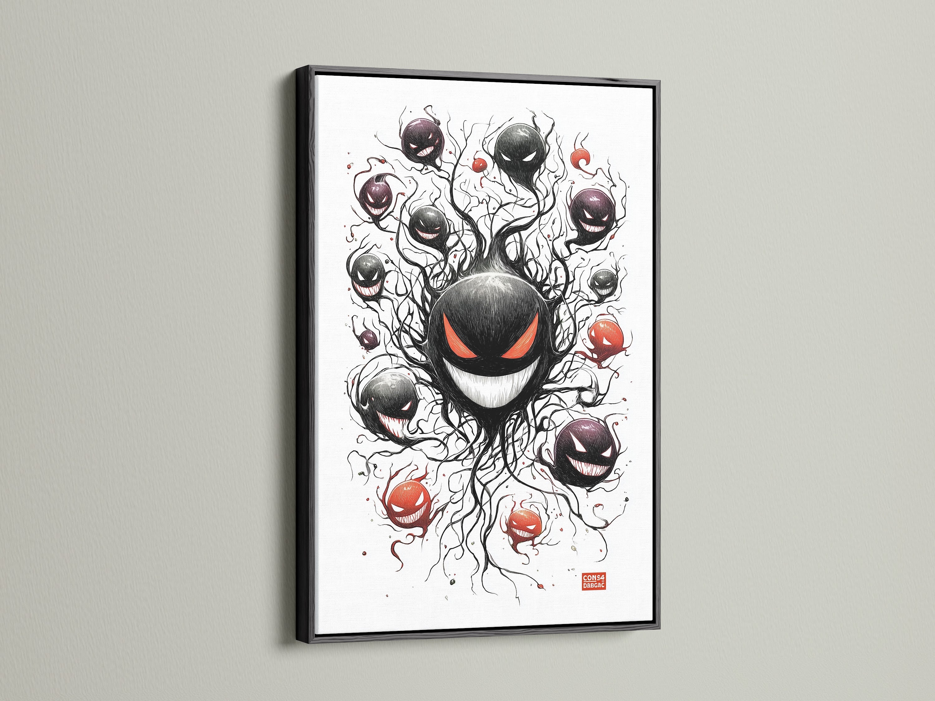 A black frame displays whimsical spooky wall art. It's the perfect Halloween decor for any game room. This ghost canvas art makes a unique gamer gift. The artwork features cartoon spirits and monsters. It's eerie yet playful decor with dark humor.