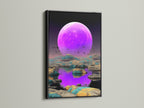 The celestial moon artwork is framed in black. This modern fantasy landscape features a purple lunar theme. Perfect for creating a cosmic wall art display. It enhances living rooms and bedrooms with dreamy art.