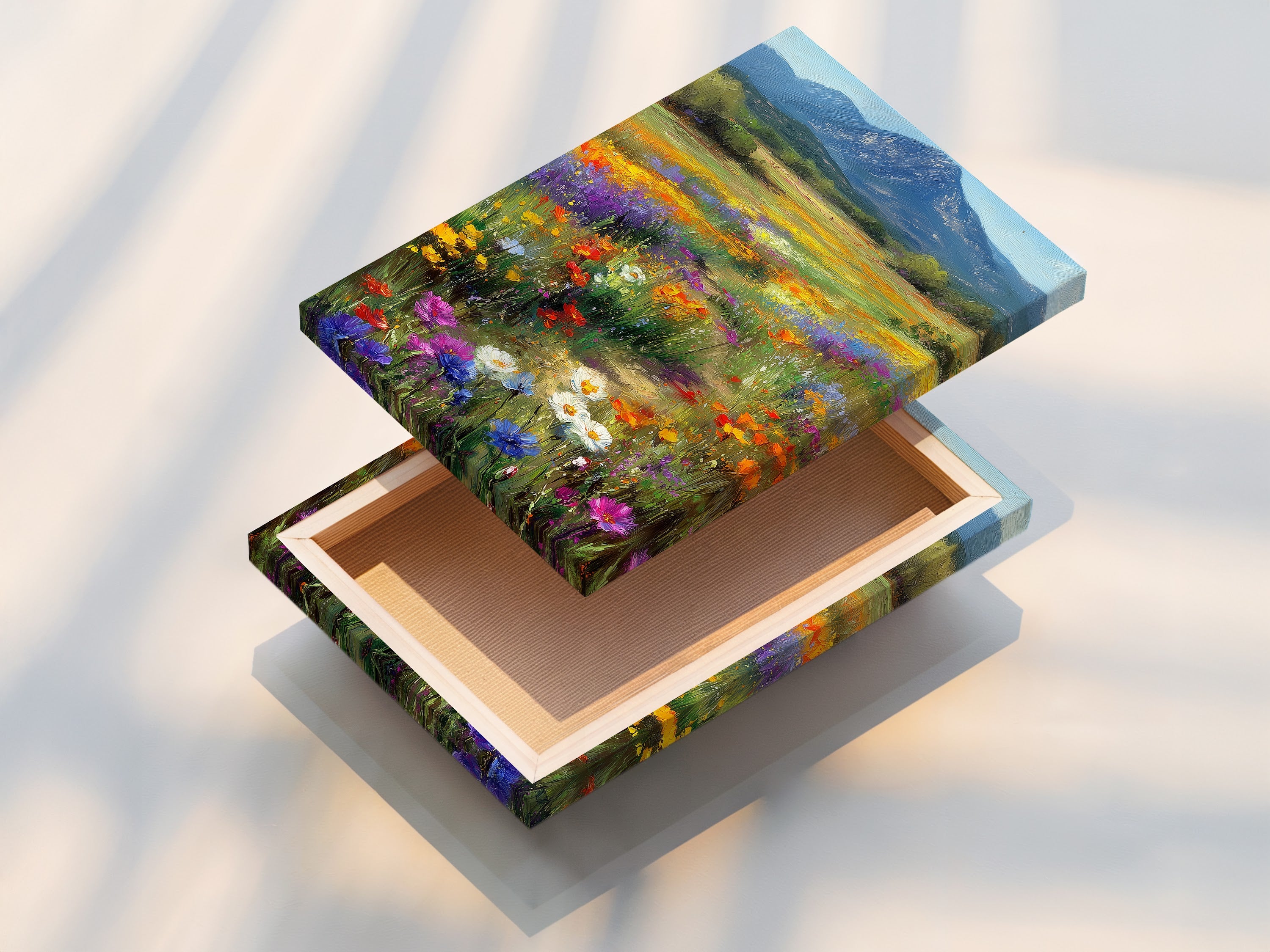 Stretched canvas print featuring wildflower meadow artwork. The mountain landscape art adds a touch of nature. This colorful botanical print is ready to hang. Transform your space with this stunning canvas.