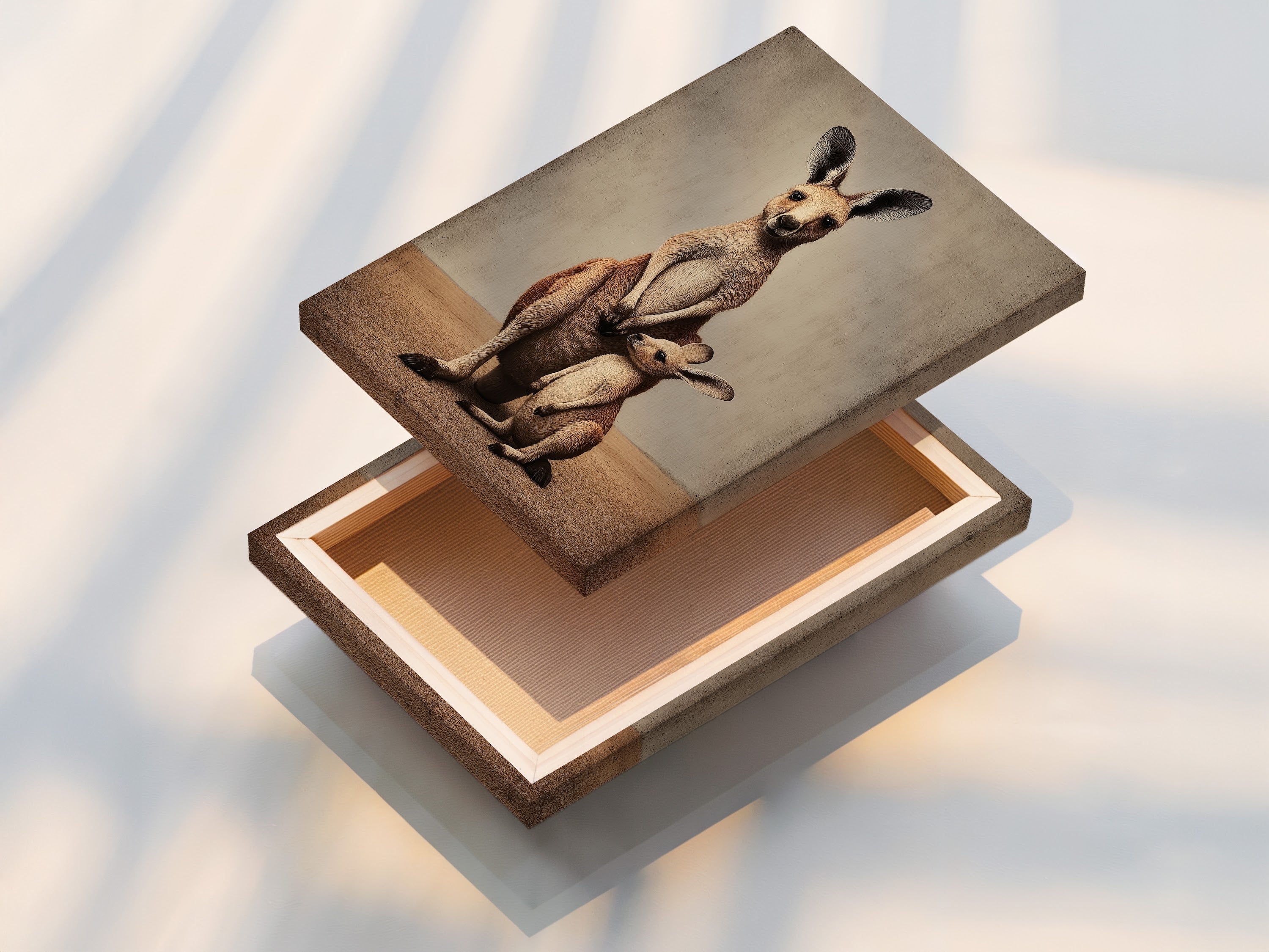 A stretched canvas print of the kangaroo family artwork is shown. The canvas print offers a gallery-worthy look and feel. This Australian wildlife canvas is ready to hang and enjoy in any room.