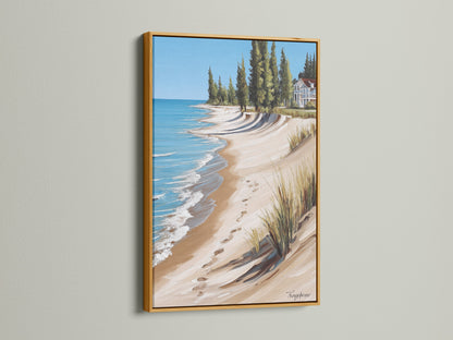Coastal Beach House Artwork in a Gold Frame. This artwork displays a luxurious ocean view with a sandy shoreline. Elevates any room with elegant seascape painting. Ideal for living room wall art and bedroom wall decor.
