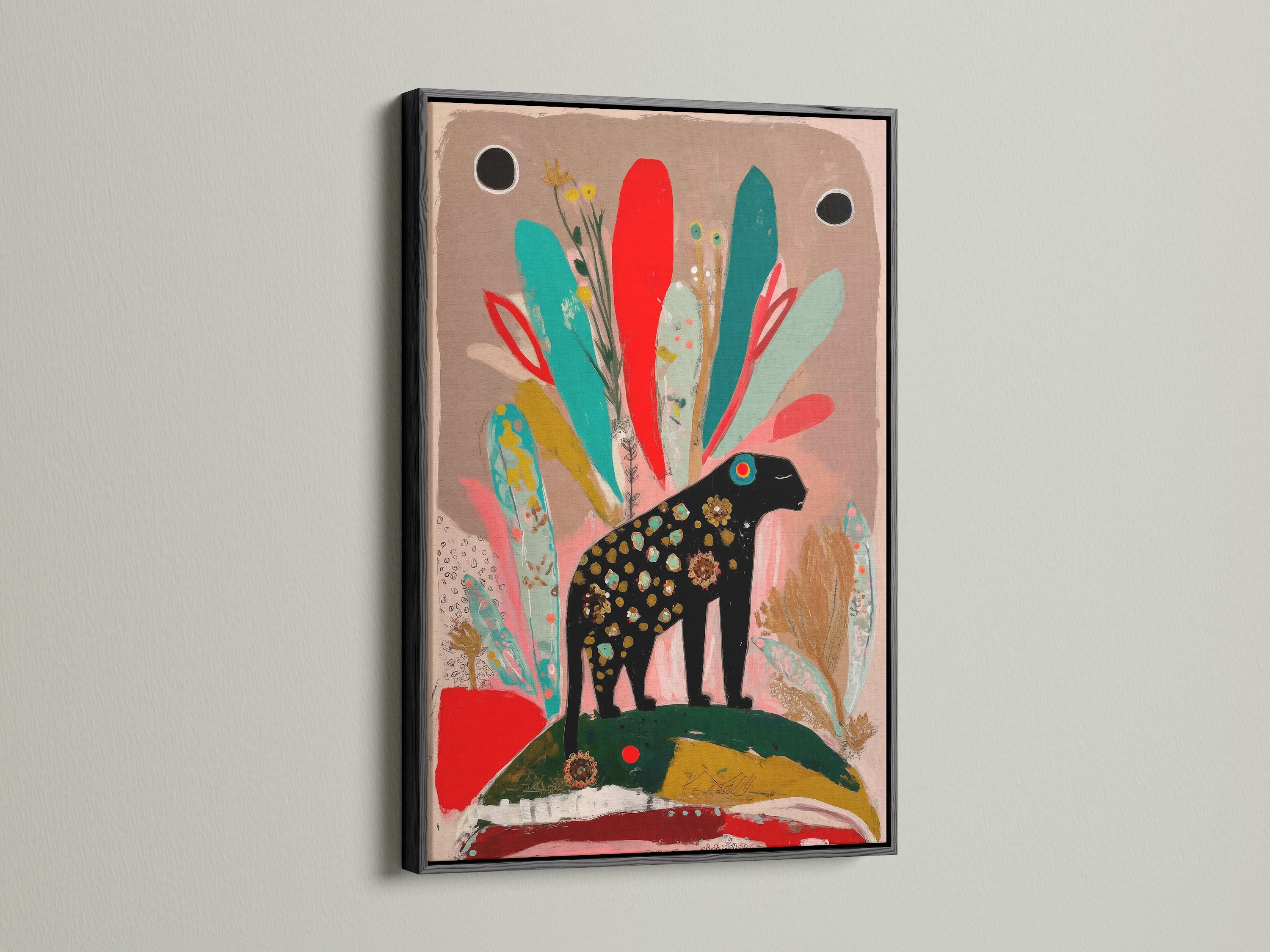 A bold black frame accentuates this folk art elephant print. The artwork's bohemian style and colorful palette create a striking visual impact. Perfect for adding character to living rooms or boutiques.