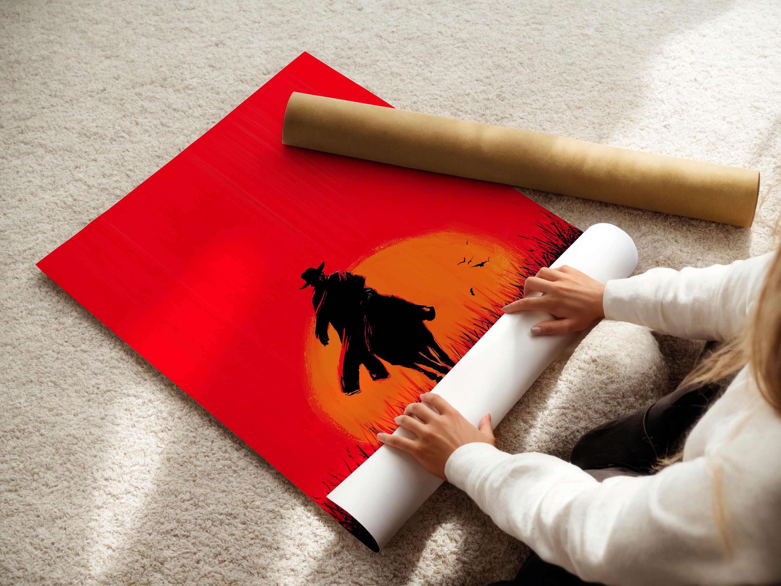 A woman is carefully rolling a fine art poster paper. This poster features the Cowboy Sunset artwork. The red orange silhouette is vibrant and eye catching. Perfect for adding western flair to your home or office. Discover the beauty of fine art prints.