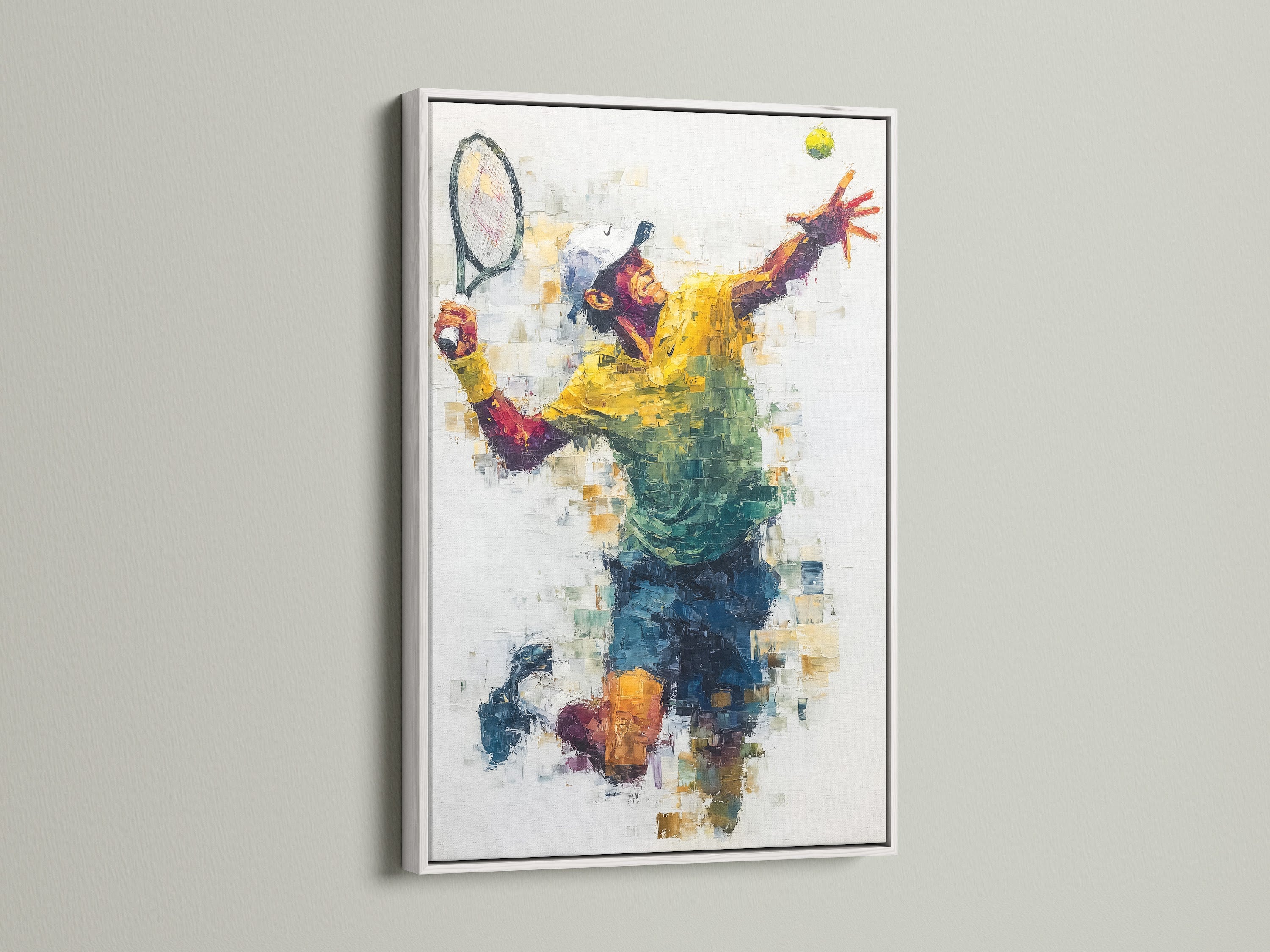 Enhance your decor with the Tennis Player Canvas Print in a clean white frame. This tennis player art is a vibrant addition to your home or office. It offers abstract sports art that complements minimalist interiors. Discover colorful sports art for an inspiring aesthetic.