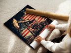 A woman is carefully rolling a fine art poster paper featuring an Oil Rig Canvas Print with an American Flag. This patriotic artwork is perfect for industrial decor in offices or man caves. The vintage style and grunge art make it a unique statement piece.
