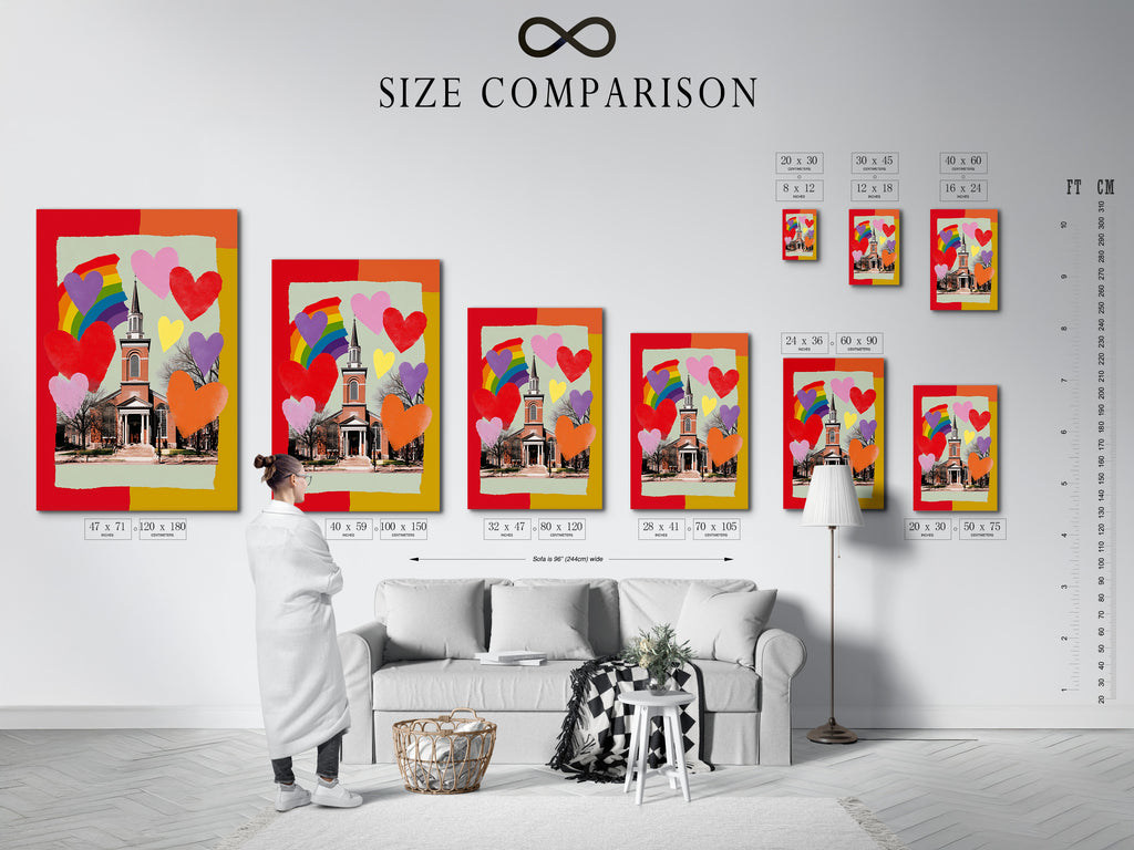 A size comparison chart is shown in an interior setting. The chart helps visualize different artwork sizes in a room. Choose the perfect size for your space. Use our size chart to make informed art buying decisions.