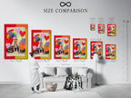 A size comparison chart is shown in an interior setting. The chart helps visualize different artwork sizes in a room. Choose the perfect size for your space. Use our size chart to make informed art buying decisions.