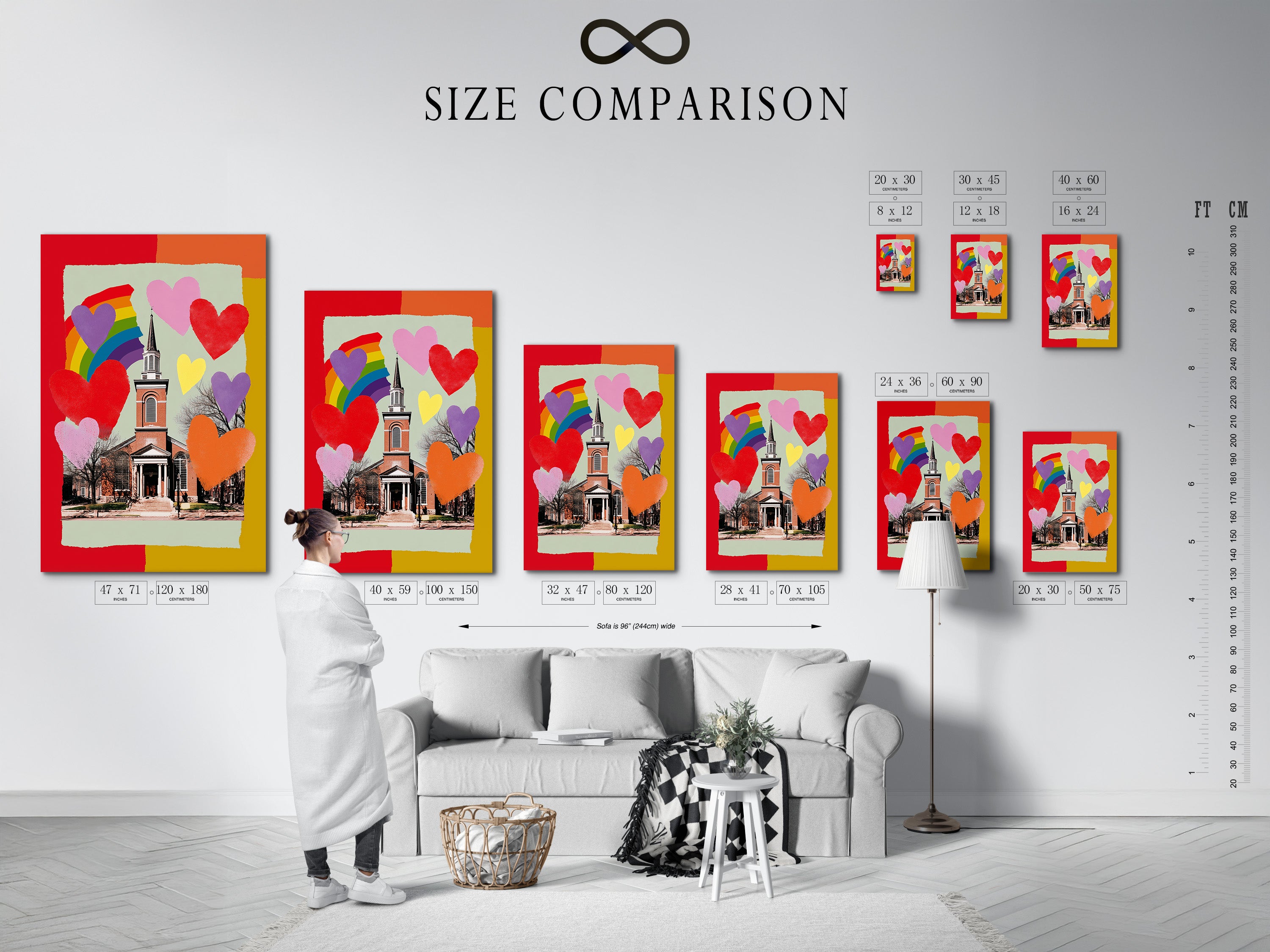 A size comparison chart is shown in an interior setting. The chart helps visualize different artwork sizes in a room. Choose the perfect size for your space. Use our size chart to make informed art buying decisions.