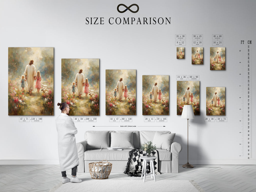 Size comparison chart displayed in an interior setting. This chart helps visualize different artwork sizes. Find the perfect fit for your space. Use our size comparison chart to make an informed decision.