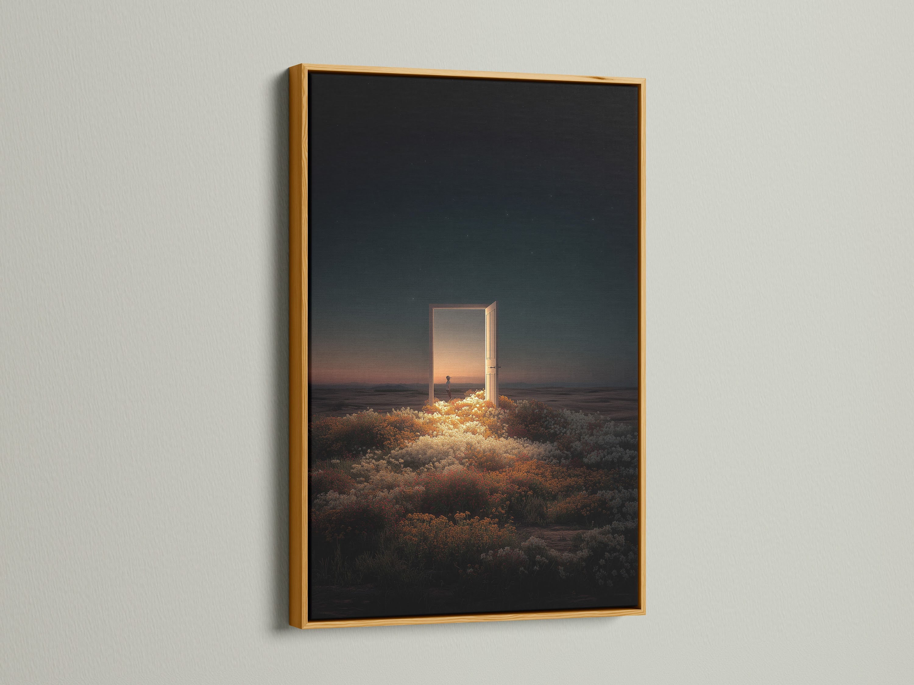 Gold Frame featuring an open door in a field artwork. The gold frame provides a elegant look. The artwork is matted and framed. This piece would be a great addition to any home decor.