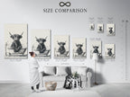 Size comparison chart in an interior setting featuring a Highland Cow canvas print. This farmhouse animal art is perfect for any space. The funny bathroom wall art is a unique and quirky art print. See size options.