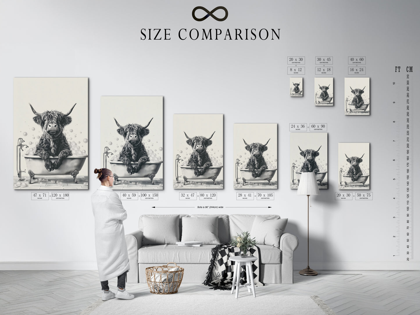 Size comparison chart in an interior setting. Showcasing a Highland Cow in a Bathtub artwork. The canvas print is a charming piece of bathroom wall art. The farm animal art fits perfectly into farmhouse decor. It helps visualize the ideal size for any room. Perfect for cow lovers and art enthusiasts.
